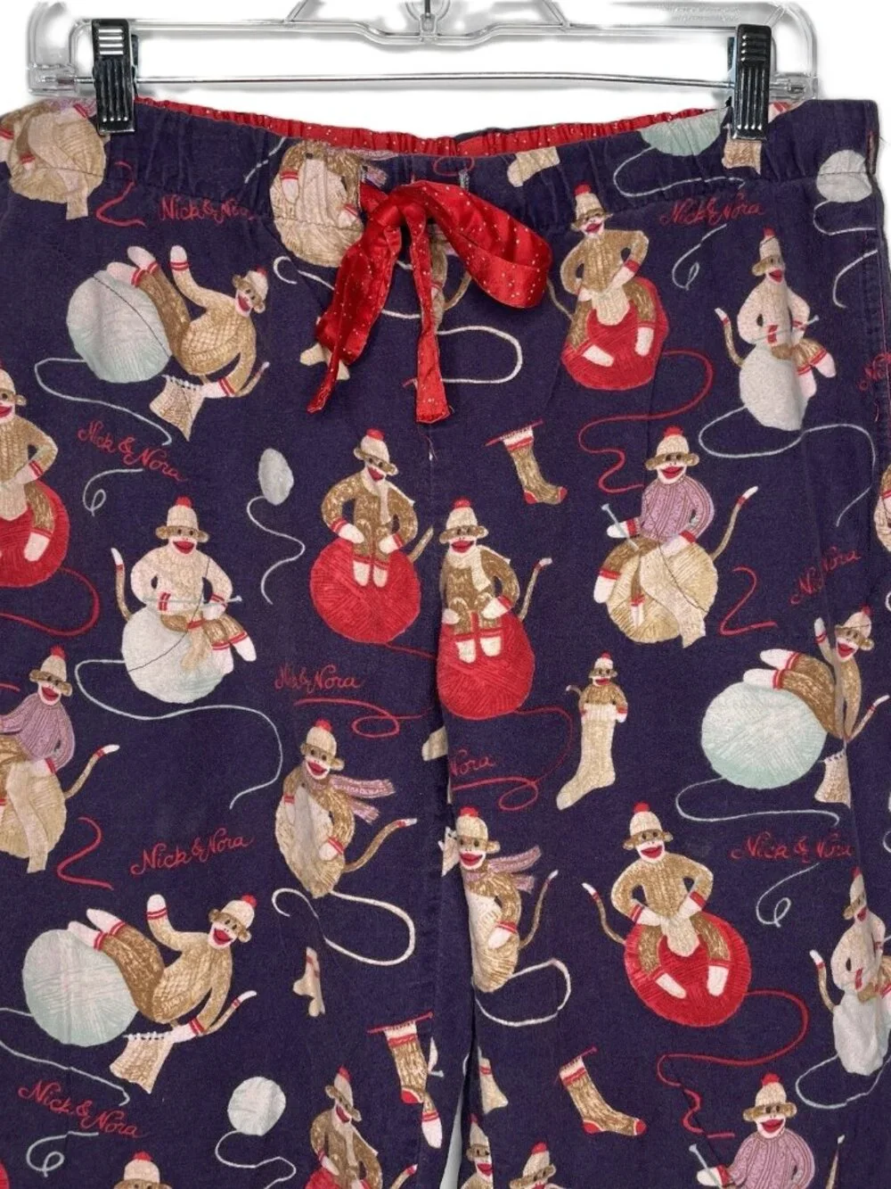 Nick & Nora Purple Flannel Pajama Lounge Pants Size S Sock Monkeys Knitting Yarn